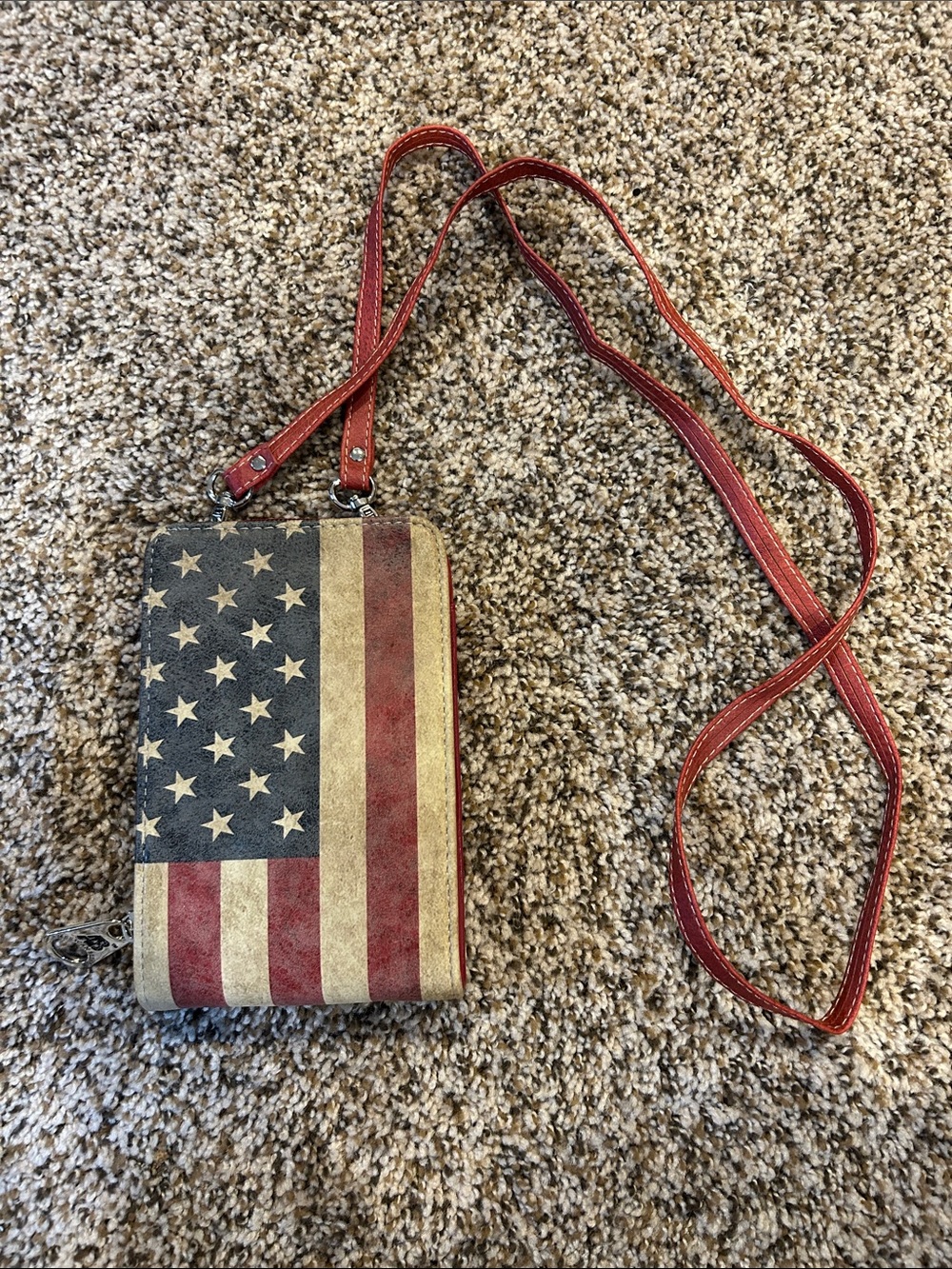 American Flag Crossbody Wallet with Red Strap